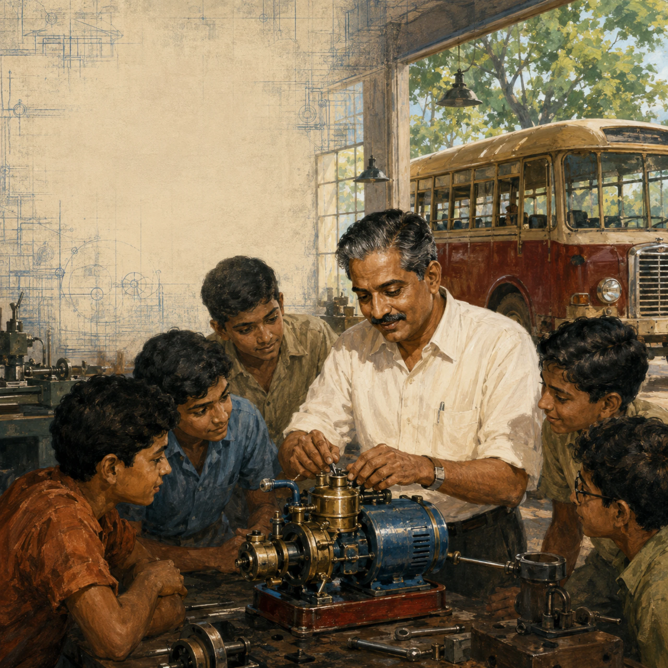 Original evidence-informed editorial cover illustration for G. D. Naidu: The Maker of Coimbatore.